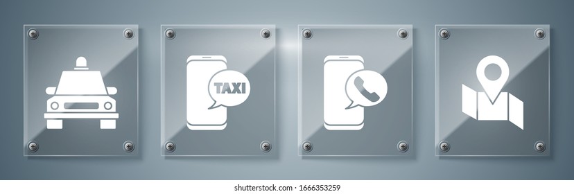 Set Folded map with location marker, Taxi call telephone service, Taxi call telephone service and Taxi car. Square glass panels. Vector