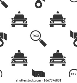 Set Folded map with location marker, Magnifying glass and taxi car and Taxi car on seamless pattern. Vector