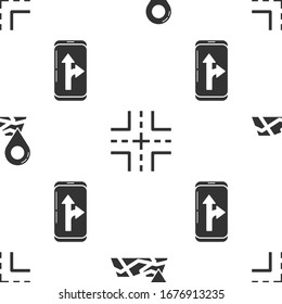Set Folded map with location marker, Road traffic sign and Infographic of city map navigation on seamless pattern. Vector