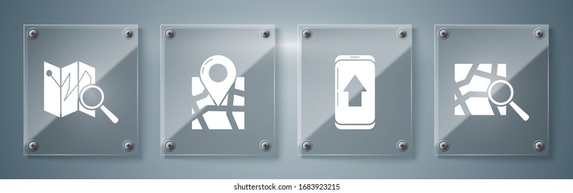 Set Folded map with location marker, Infographic of city map navigation, Folded map with location marker and Folded map with location marker. Square glass panels. Vector