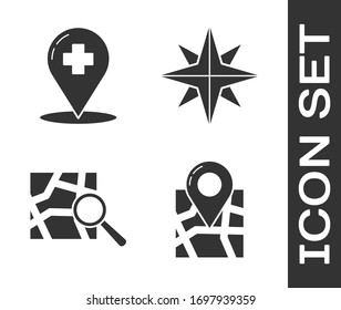 Set Folded map with location marker, Medical map pointer with cross hospital, Folded map with location marker and Wind rose icon. Vector