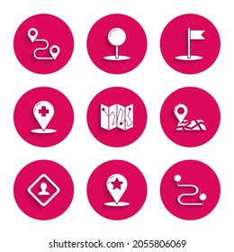 Set Folded map with location marker, Map pointer star, Route, Road traffic sign, Medical cross hospital, Flag and  icon. Vector