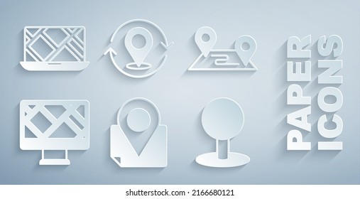 Set Folded map with location marker, Route, Monitor, Push pin, Map and City navigation icon. Vector