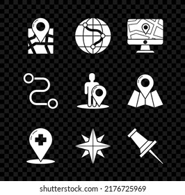 Set Folded map with location marker, Location the globe, Monitor and folded, Medical pointer cross hospital, Wind rose, Push pin, Route and Map silhouette of person icon. Vector