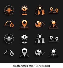 Set Folded map with location marker, Route, Location the globe, Toll road traffic, Wind rose and Map pin icon. Vector