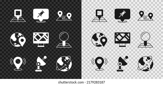 Set Folded map with location marker, Push pin, Route, Map, Radar, Satellites orbiting the Earth, Location globe and Monitor icon. Vector