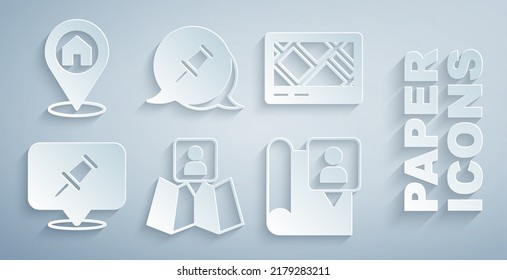 Set Folded map with location marker, Gps device, Push pin,  and Location house icon. Vector