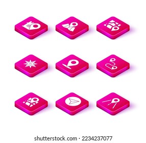 Establecer mapa doblado con marcador de ubicación, avión de papel, rosa de viento, pasador de mapa, señal de tráfico por carretera, ruta e icono. Vector