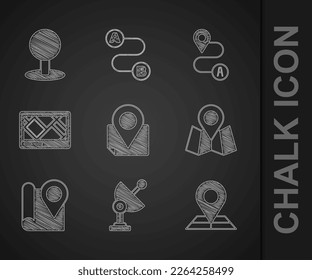 Set Folded map with location marker, Radar, Gps device, Route and Push pin icon. Vector
