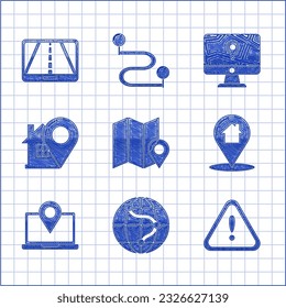 Set Folded map with location marker, Location the globe, Exclamation in triangle, Map pointer house, Laptop, Monitor and folded and Infographic of city navigation icon. Vector