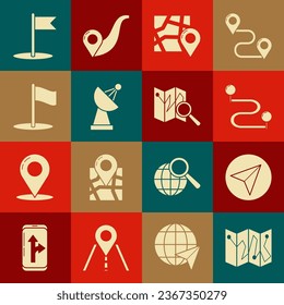 Set Folded map with location marker, Paper airplane, Route, Radar, Flag,  and  icon. Vector