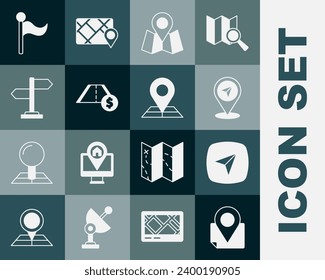 Set Folded map with location marker, City navigation, Map pin, Toll road traffic, Road sign, Flag and  icon. Vector