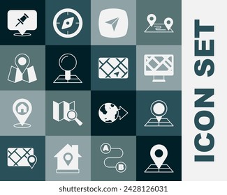 Set Folded map with location marker, Monitor, City navigation, Push pin and Gps device icon. Vector