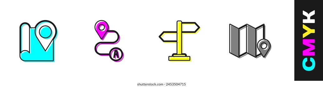 Set Folded map with location marker, Route, Road traffic sign and  icon. Vector