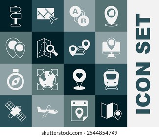 Definir Mapa dobrado com marcador de localização, Treino, Monitor, Rota, Pesquisa, Localização, Sinal de trânsito rodoviário e ícone. Vetor