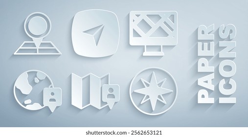 Set Folded map with location marker, Monitor, Location the globe, Wind rose, City navigation and  icon. Vector