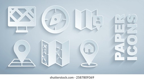 Set Folded map, with location marker, Location house, Compass and Monitor icon. Vector