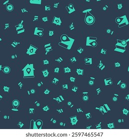 Set Folded map with location marker, Map pin, Location house and Search on seamless pattern. Vector