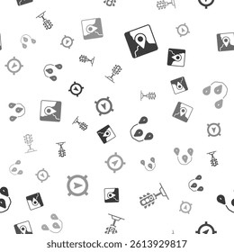Set Folded map with location marker, Traffic light, Route and Compass on seamless pattern. Vector