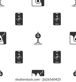 Set Folded map with location marker, Turn back road sign and Compass mobile on seamless pattern. Vector
