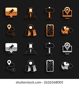 Definir Mapa dobrado com marcador de localização, Monitor, Localização do globo, Navegação de cidade, Rota, Sinal de tráfego rodoviário, Push pin e ícone. Vetor