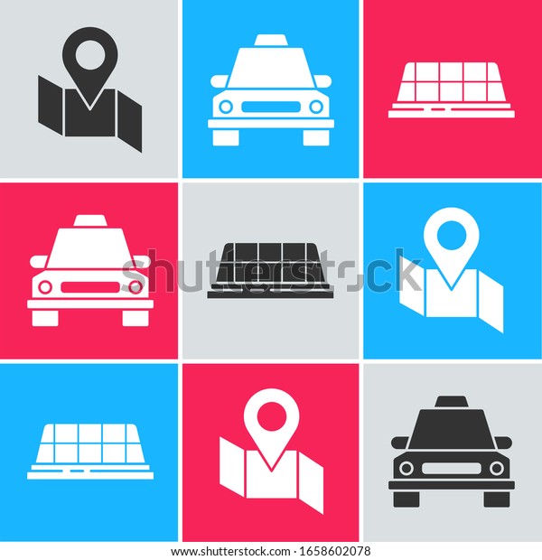 Set Folded map with location marker, Taxi car and\
Taxi car roof icon. Vector