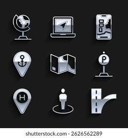 Set Folded map, Location with person, Road traffic sign, Parking, Helicopter landing pad, anchor, City navigation and Earth globe icon. Vector