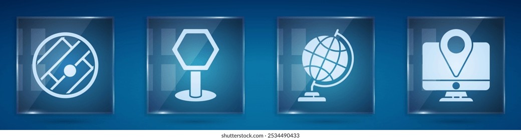 Set Folded map with location, Road traffic sign, Earth globe and Monitor with location marker. Square glass panels. Vector