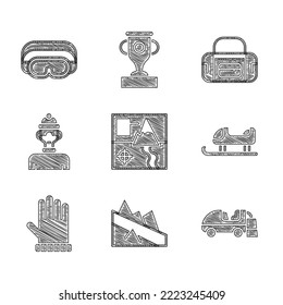 Set Folded map, Mountain descent, Ice resurfacer, Sled, Christmas mitten, Winter athlete, Sport bag and Ski goggles icon. Vector