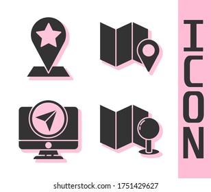 Establecer mapa doblado con pin de inserción, Puntero de mapa con estrella, Monitor con marcador de ubicación y mapa doblado con icono de marcador de ubicación. Vector