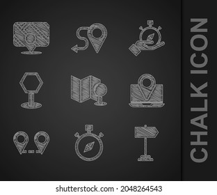 Set Folded map with push pin, Compass, Road traffic sign, Laptop location marker, Route,  and Infographic of city navigation icon. Vector