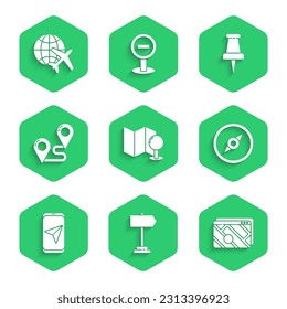 Set Folded map with push pin, Road traffic sign, Infographic of city navigation, Compass, City, Route location, Push and Globe flying plane icon. Vector
