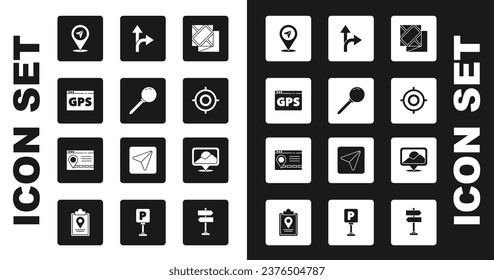 Set Folded map, Push pin, Gps device with, Location, Target sport, Road traffic sign,  and Infographic of city navigation icon. Vector