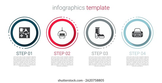 Set Folded map, Ski lift, Waterproof rubber boot and Sport bag. Business infographic template. Vector