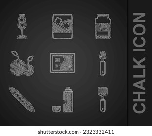 Set Folded map, Thermos container, Spatula, Spoon, French baguette bread, Fruit, Jam jar and Wine glass icon. Vector