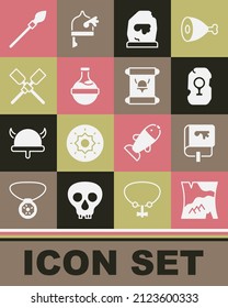 Set Folded map, Viking book, Magic rune, Bottle with potion, Oars or paddles boat, Medieval spear and Decree, parchment, scroll icon. Vector