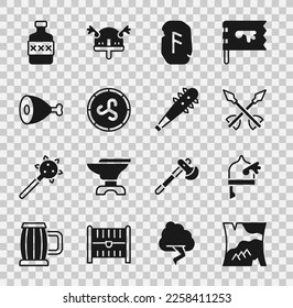 Set Folded map, Viking in horned helmet, Medieval arrows, Magic rune, Shield viking, Chicken leg, Whiskey bottle and Mace with spikes icon. Vector