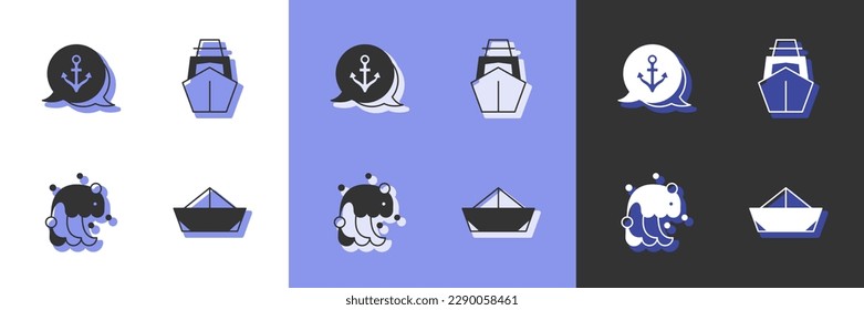 Set Folded paper boat, Anchor, Tsunami and Yacht sailboat icon. Vector