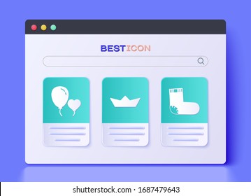 Set Folded paper boat, Balloons in form of heart and Baby socks clothes icon. Vector