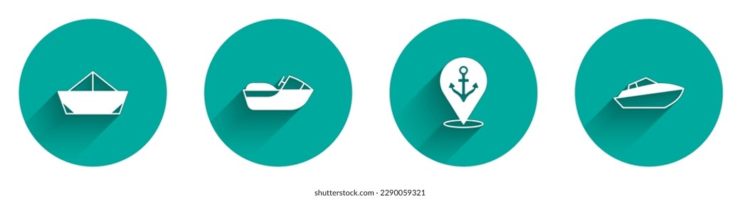 Set Folded paper boat, Jet ski, Location with anchor and Speedboat icon with long shadow. Vector