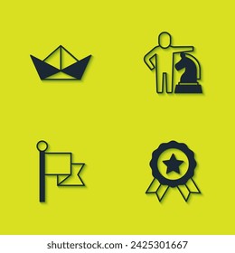 Set Folded paper boat, Medal, Flag and Chess icon. Vector