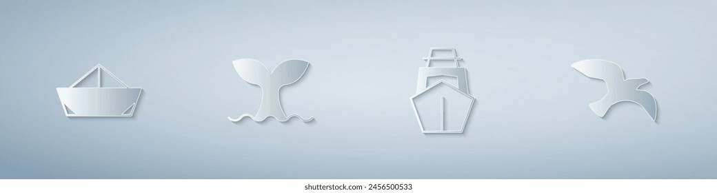Set Folded paper boat, Whale tail, Yacht sailboat and Bird seagull. Paper art style. Vector