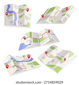 Conjunto de mapas de cidade de papel dobrado com linhas de rota vermelhas e pinos de destino, estilo gráfico plano em fundo branco. Conceito de navegação. Ilustração vetorial