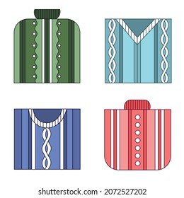 Set of folded winter sweaters. Vector geometric cartoon illustration of fisherman knit sweaters.