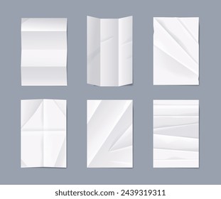 Set Of Folded And Wrinkled Paper Sheets. Realistic White Empty Mockups With Crumpled Texture Effect And Creases