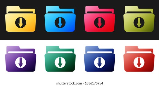 Establecer icono de descarga de carpetas aislado en fondo blanco y negro. Vector.