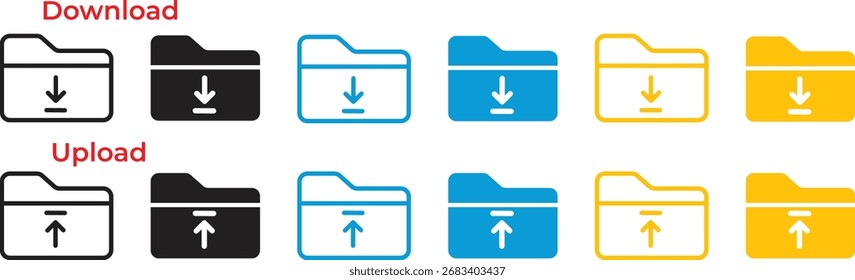 Conjunto de ícones de pasta para baixar e carregar elemento simples de design de vetor plano para coleção de conjuntos de aplicativos móveis e da Web