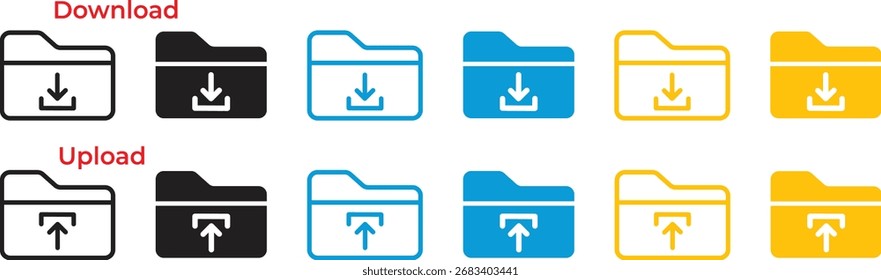 Conjunto de iconos de carpeta para Descarga y Cargar simple diseño de Vector plano negro azul elemento amarillo para Web y App móviles conjunto de colección