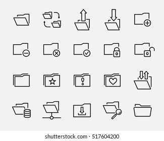 Set of folder icons in modern thin line style. High quality black outline repository symbols for web site design and mobile apps. Simple linear folder pictograms on a white background.