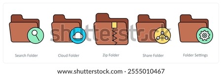 A set of folder icons as search folder, cloud folder, zip folder